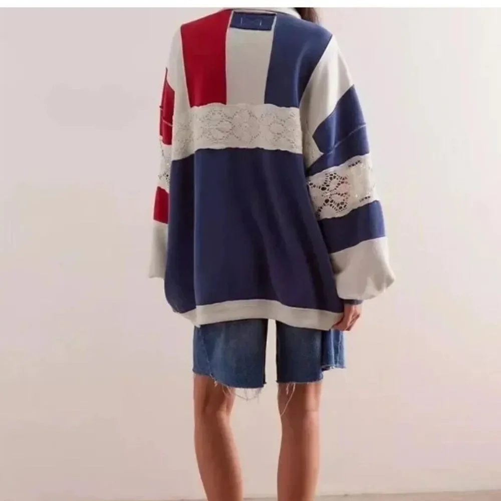 Free People We The Free American Dream Polo Pullover Top Striped